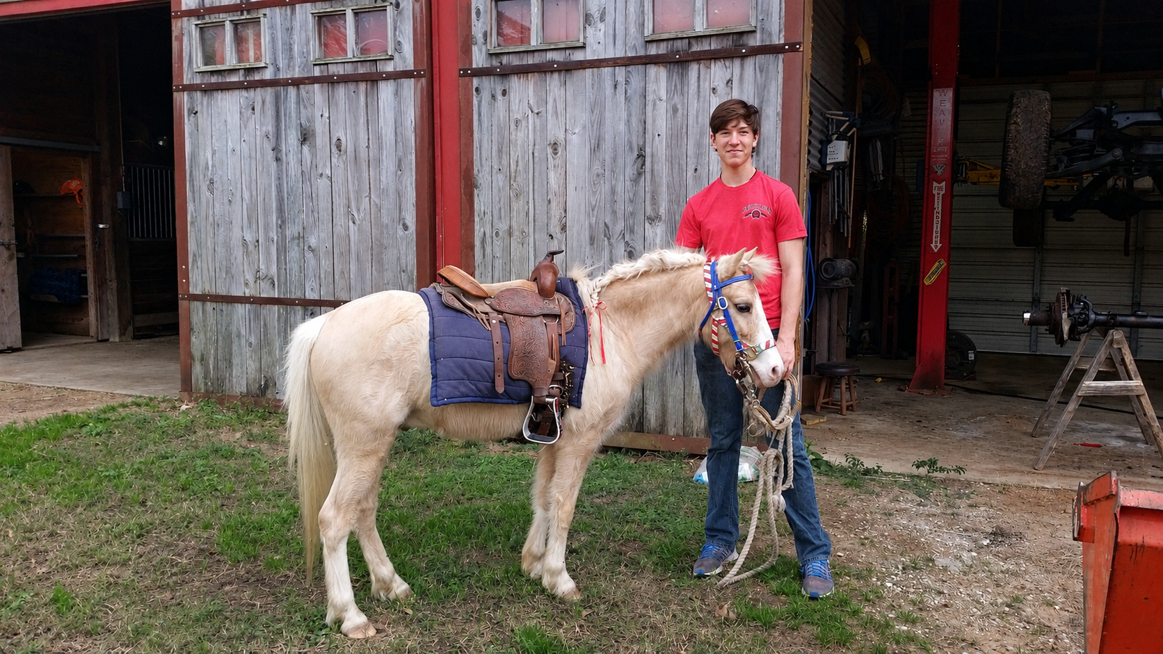 A young boy standing beside a saddled white pony